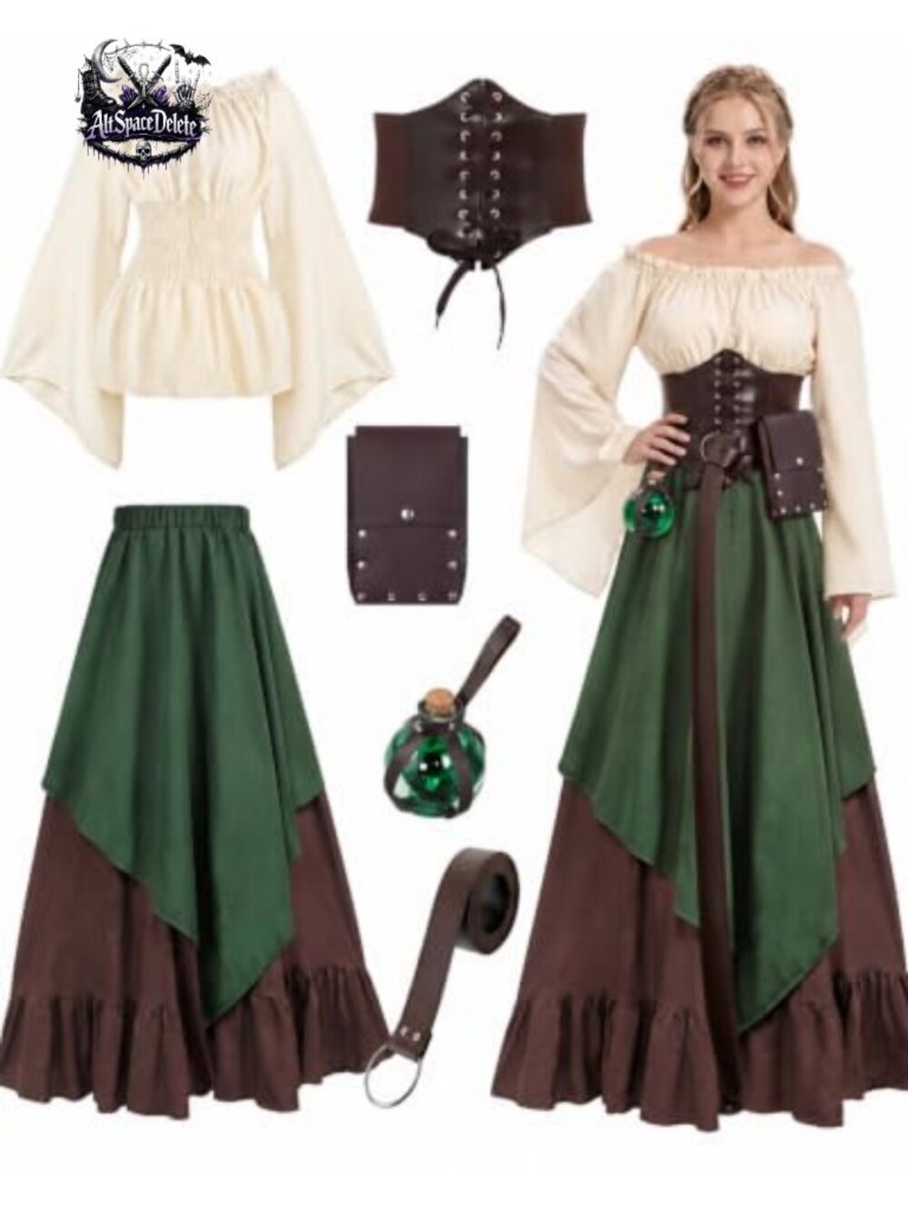 Renaissance Costume Dress Set Faux Leather Corset Belt Medieval Cosplay